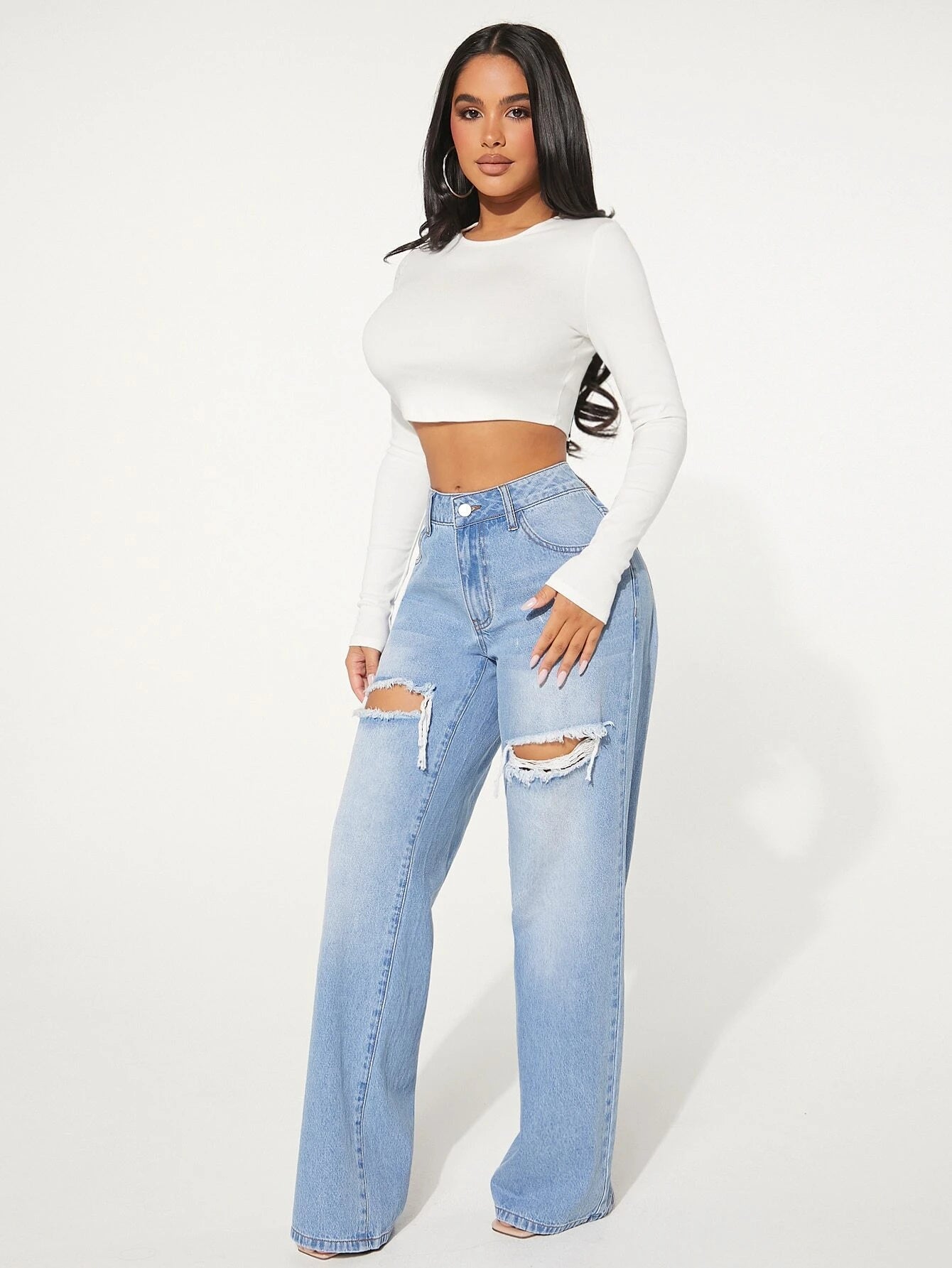 "SHEIN Women's Single Button Cut Out Ripped Frayed Wide Leg Jeans"