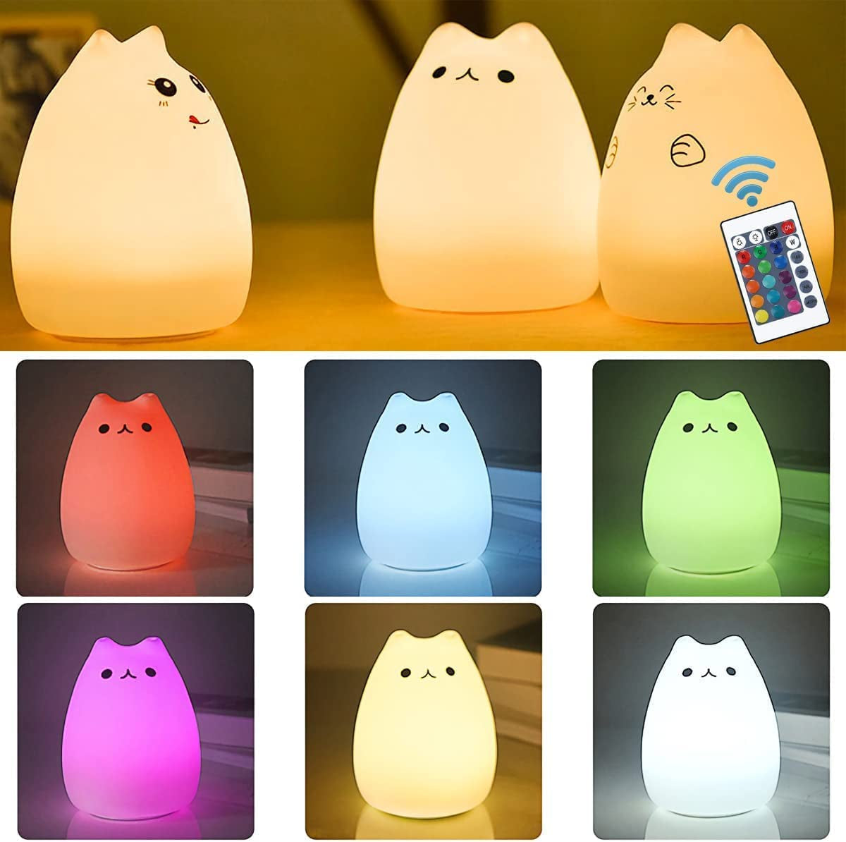 Silicone Kitty Night Light Set with Remote Control for Kids - Rechargeable and Cute