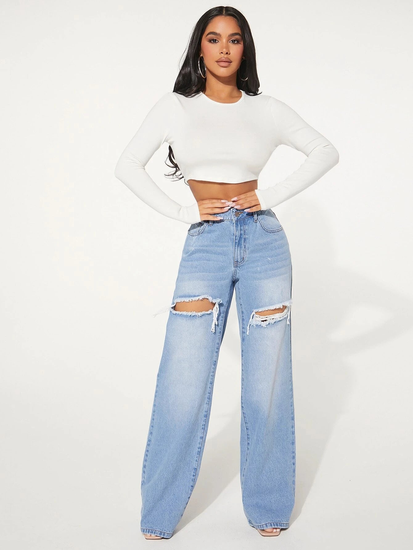 "SHEIN Women's Single Button Cut Out Ripped Frayed Wide Leg Jeans"