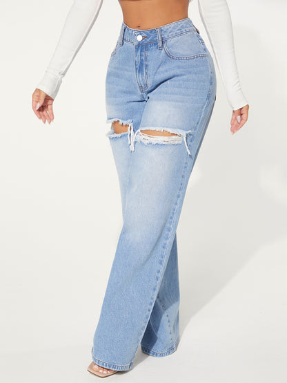 "SHEIN Women's Single Button Cut Out Ripped Frayed Wide Leg Jeans"