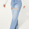 "SHEIN Women's Single Button Cut Out Ripped Frayed Wide Leg Jeans"