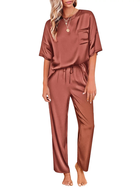 Women's Silk Satin Pajama Set with Short Sleeve Shirt and Long Pant - Two-Piece PJ Set in Caramel