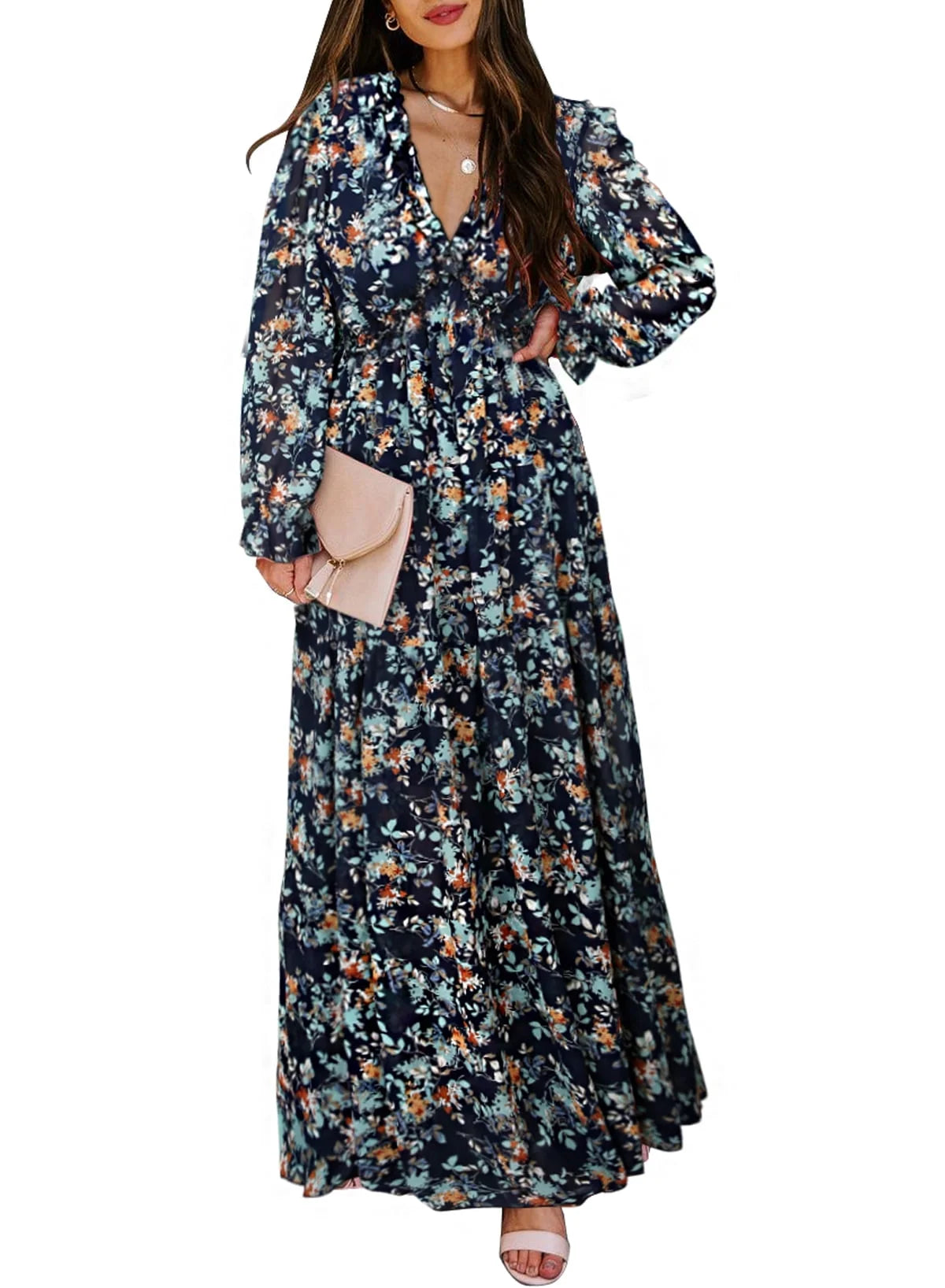 Green Boho Floral Dress for Women Trendy V Neck Long Lantern Sleeve Elastic Cuffs Maxi Dresses Casual Ruffle Layered Flowy Fall Long Dresses, US 8-10(M)