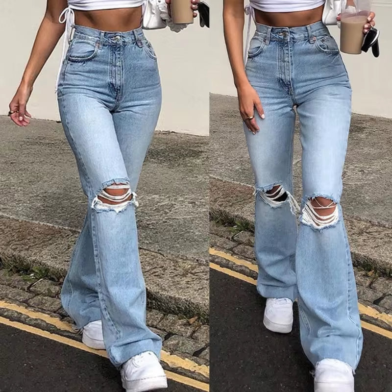 High Waisted Vintage Ripped Flare Bell Bottom Jeans for Women