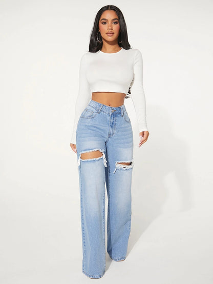 "SHEIN Women's Single Button Cut Out Ripped Frayed Wide Leg Jeans"