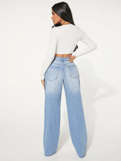 "SHEIN Women's Single Button Cut Out Ripped Frayed Wide Leg Jeans"