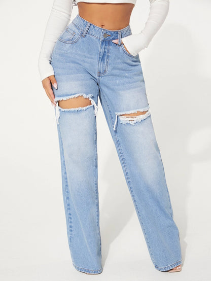 "SHEIN Women's Single Button Cut Out Ripped Frayed Wide Leg Jeans"